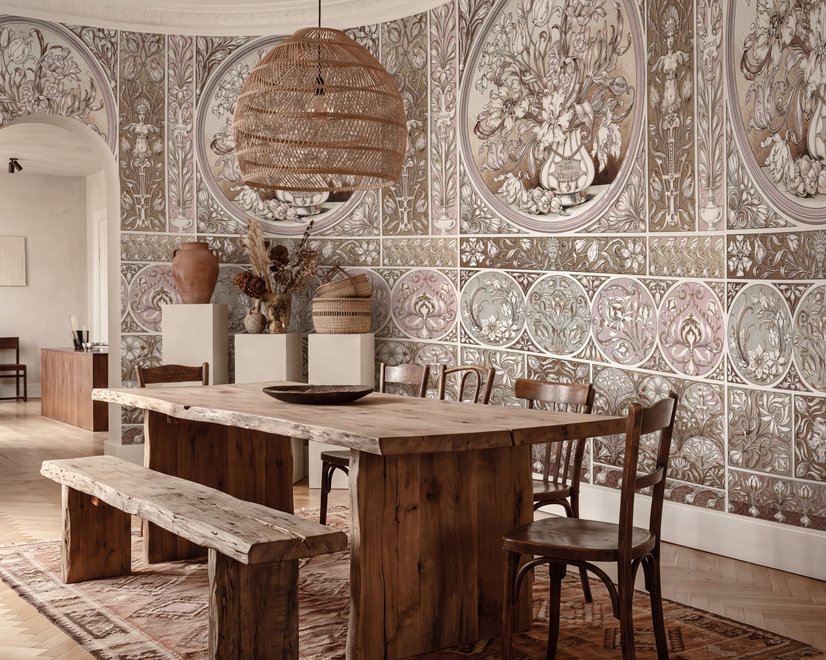 Antique wallpaper mural with Art Nouveau floral tile panels, sepia borders and blush botanical medallions