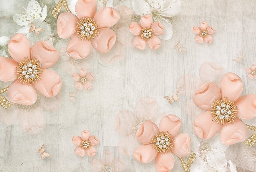 Papier peint panoramique marguerites roses diamant avec papillons