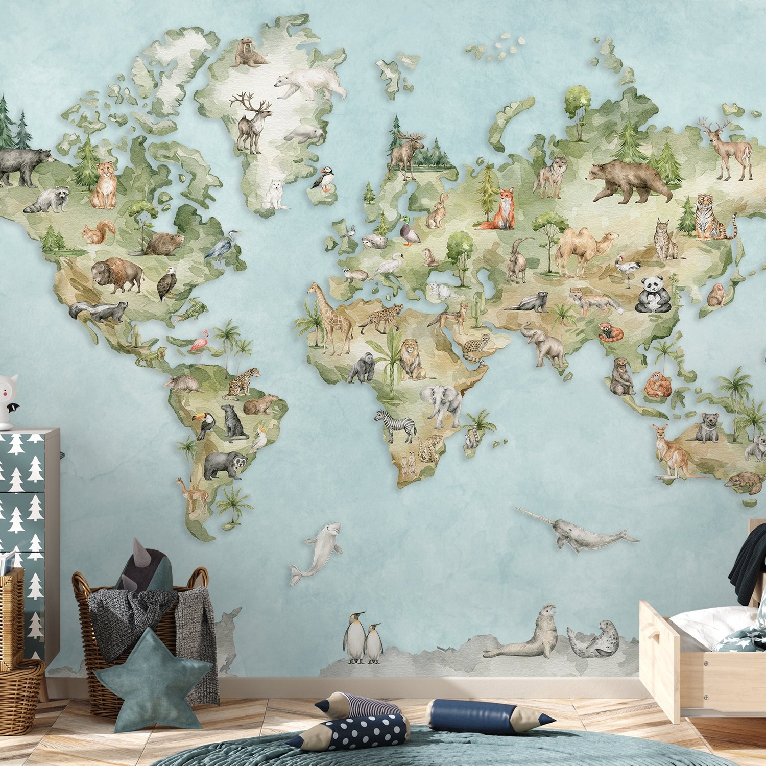 Watercolor Kids World Map with Soft Animals Wallpaper Mural - Peel and Stick