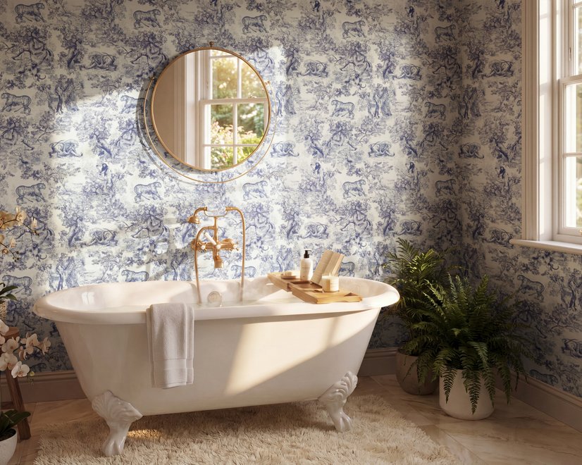Jungle wallpaper with animals in navy toile, showing tigers, elephants and monkeys on an ivory cream ground