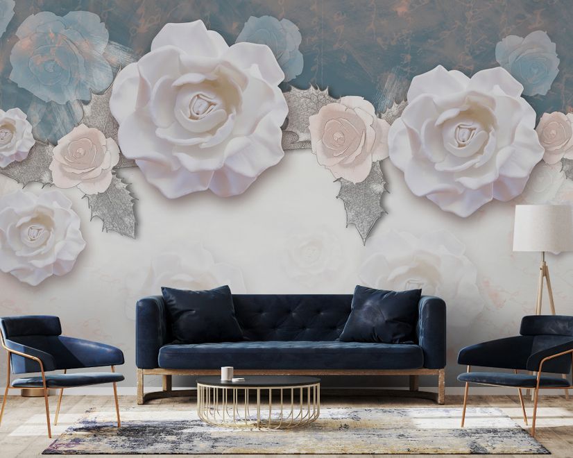 Papier peint panoramique vintage à fleurs de roses blanches