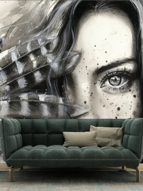 Monochrome Portrait Girl with Black Feathers Wallpaper Mural