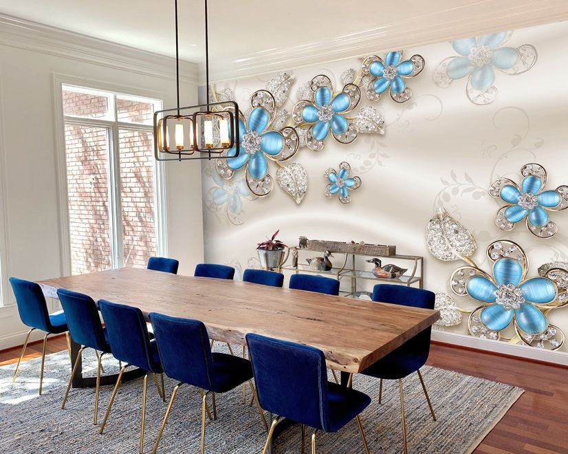 Blue Floral with Jewellery Leaf Wallpaper Mural