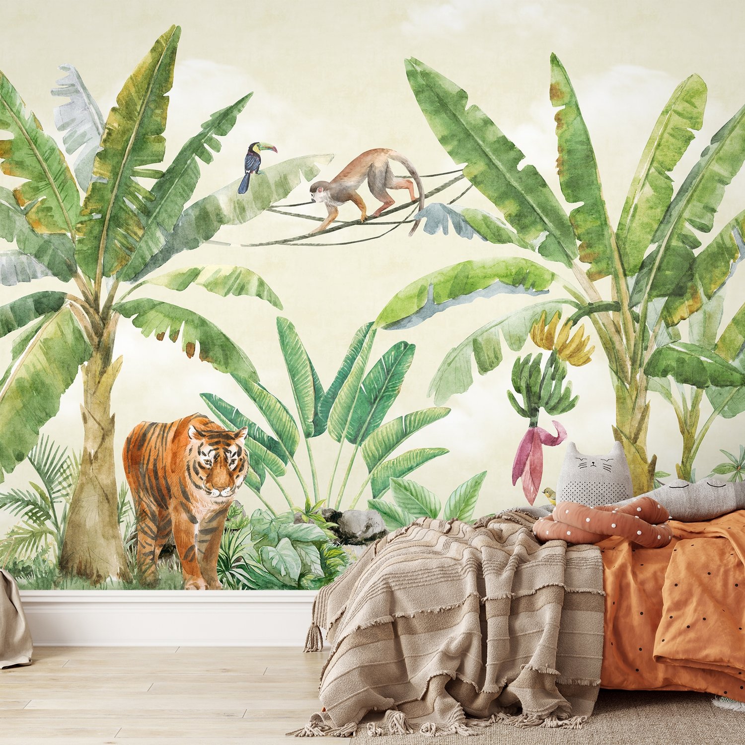 Watercolor Safari Animals in the Rainforest Wallpaper Mural for Kids - Peel and Stick