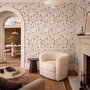 Cute spring wallpaper with pressed ivory, pink, blue and yellow wildflowers on a white ground