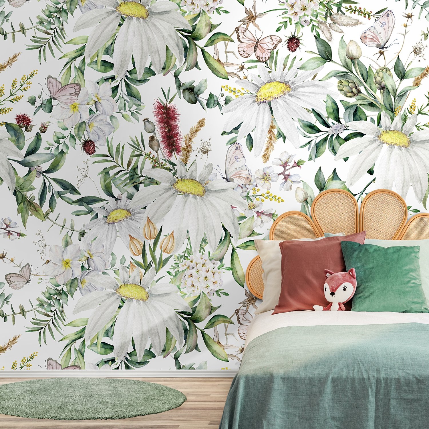 Bright Daisy Flower Bouquet with Green Leaves Wallpaper Mural - Peel and Stick