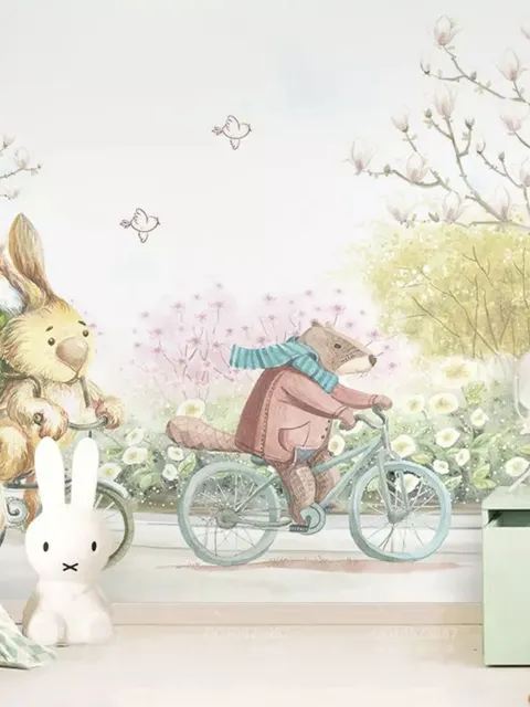 Cartoon Bear in the Flower Garden Wallpaper Mural
