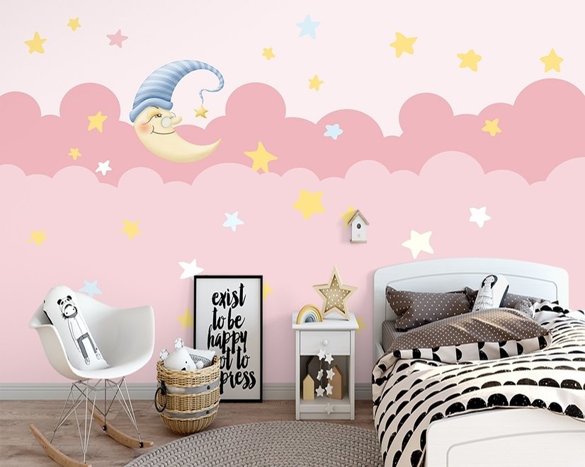 Kids Girls Pink Night with Sleeping Moon Wallpaper Mural