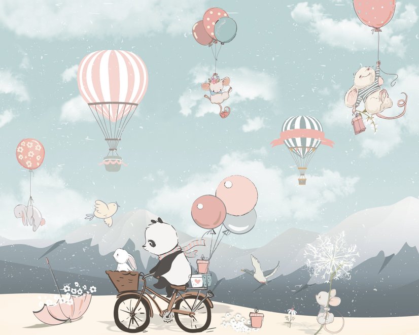 Kids Cute Panda Bicycle with Hot Air Balloon Wallpaper Mural