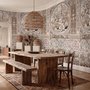 Antique wallpaper mural with Art Nouveau floral tile panels, sepia borders and blush botanical medallions