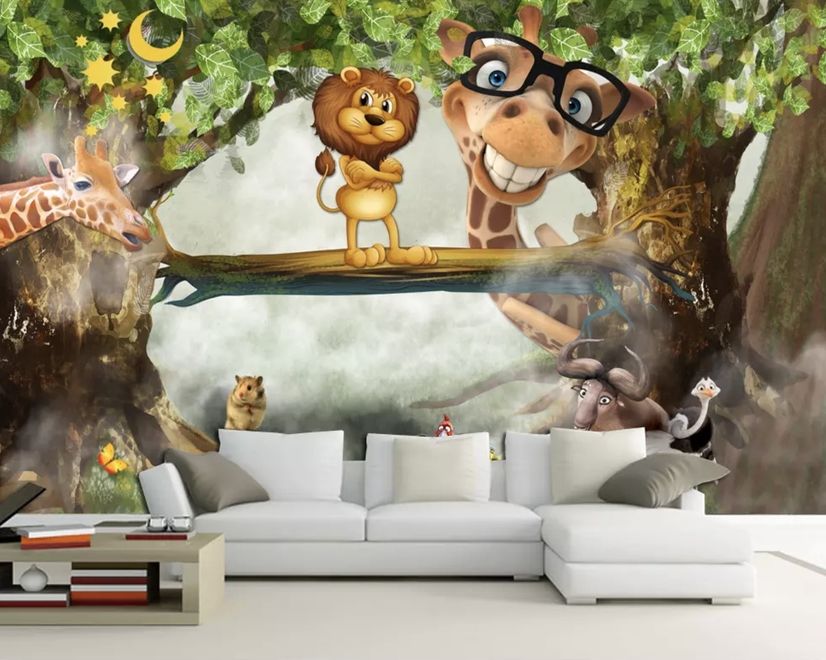 Papier peint panoramique girafe et lion roi en aspect 3D