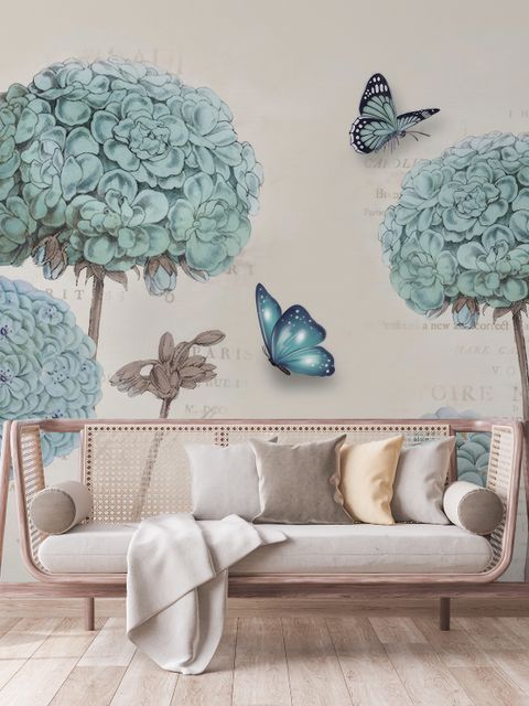 Light Blue Hydrangea Flowers and Butterflies Wallpaper Mural