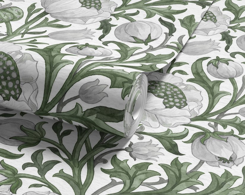 Sage green botanical floral wallpaper with white poppy flowers, lobed leaves and dotted seed centres