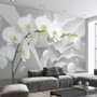 White Orchid Floral with Abstract Stripe Wallpaper Mural