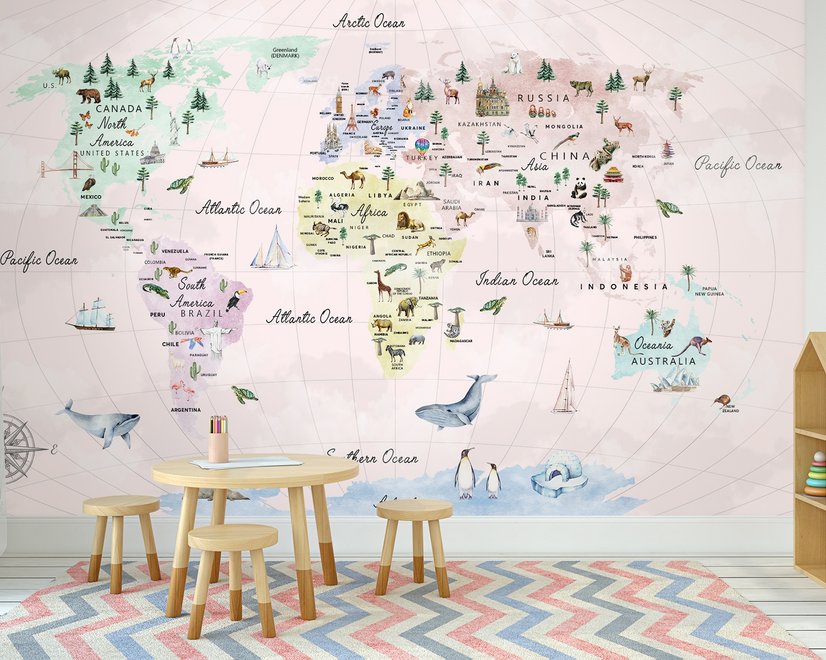 Papier peint panoramique éducatif de cartes du monde des enfants