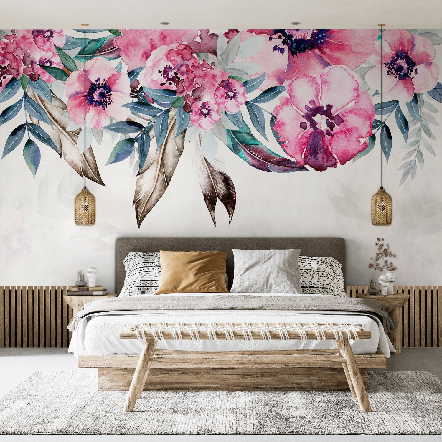 Watercolor Pink Peony Flower Wallpaper Mural - Peel and Stick