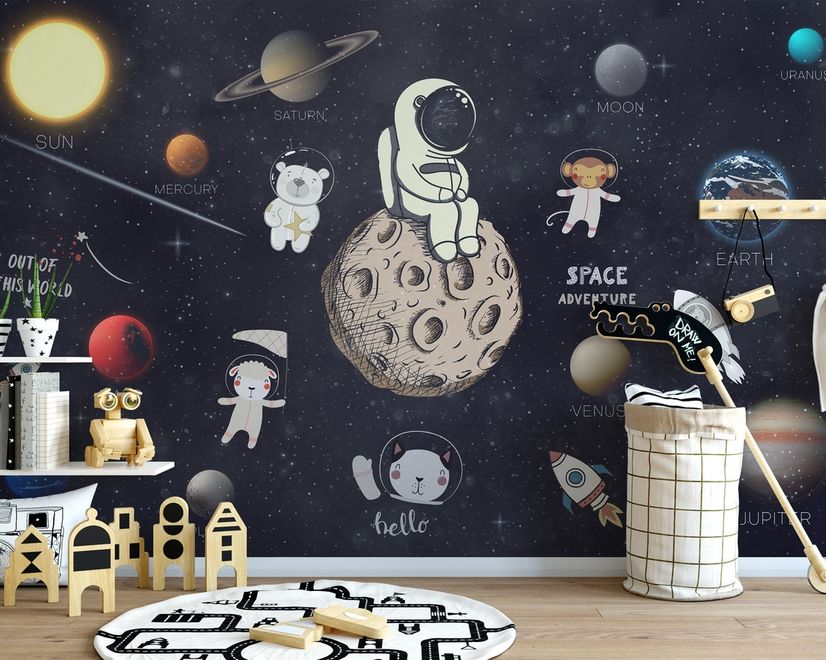 Papier peint  panoramique astronaute animaux espace enfants