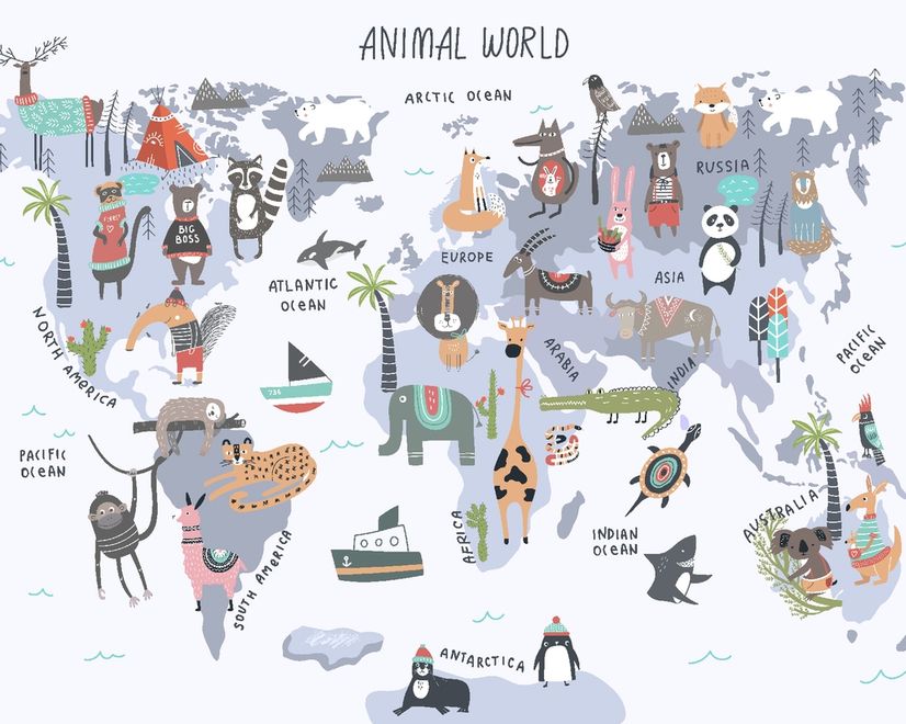World Map with Cartoon Animals  Kids Wallpaper Mural