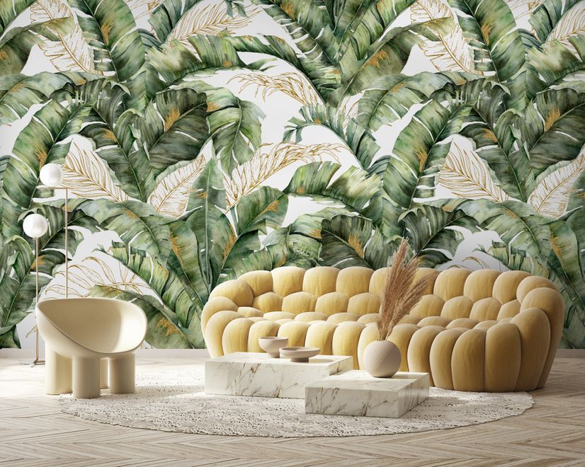 Watercolor Tropical Banana Leaf with Faux Gold Details Wallpaper Mural