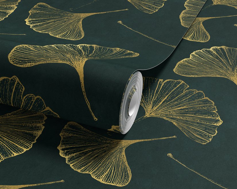 Dark green wallpaper with metallic antique-gold etched ginkgo leaves on a textured forest-green teal ground