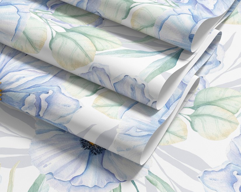 Blue floral wallpaper with watercolour anemone blooms, mint sage leaves and yellow ochre centres on white
