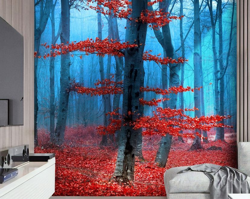 Autumn Forest with Red Leaves Landscape Wallpaper Mural