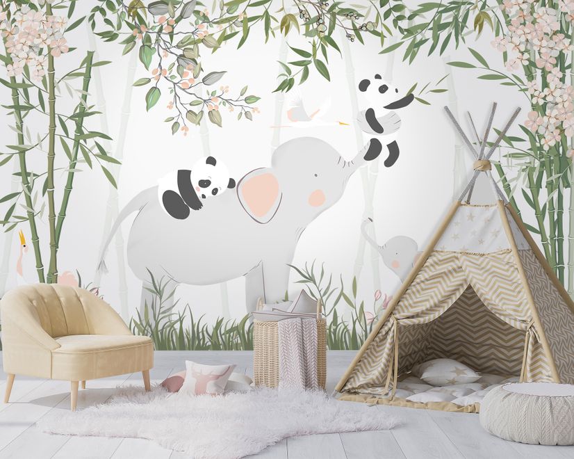 Panda Bear on Elephant Wallpaper Mural