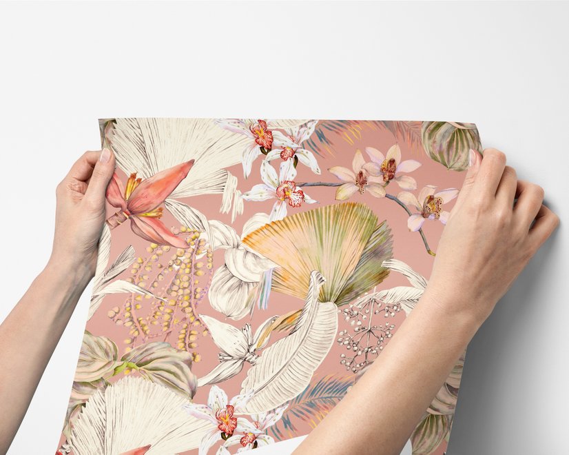 Pink tropical wallpaper with ivory fan palms, orchids, coral blossoms and sage foliage on dusty rose