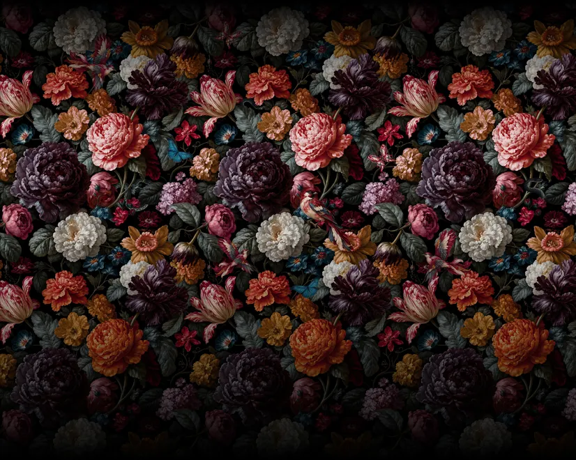 Vintage peony wallpaper mural with plum, blush and ivory flowers, dark foliage and small hummingbirds