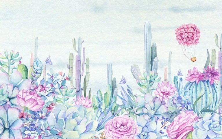 Vintage Hydrangea Flowers and Cactuses Wallpaper Mural
