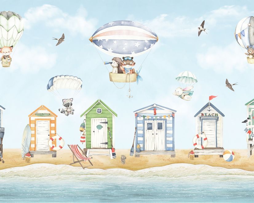 Watercolor Kids Beach House with Hot Air Balloons