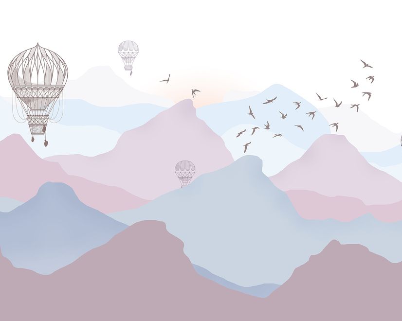 Kids Soft Misty Mountain Landscape and Old Hot Air Balloons