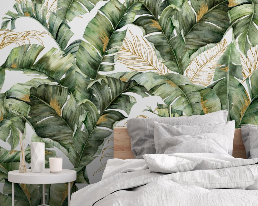 Watercolor Tropical Banana Leaf with Faux Gold Details Wallpaper Mural