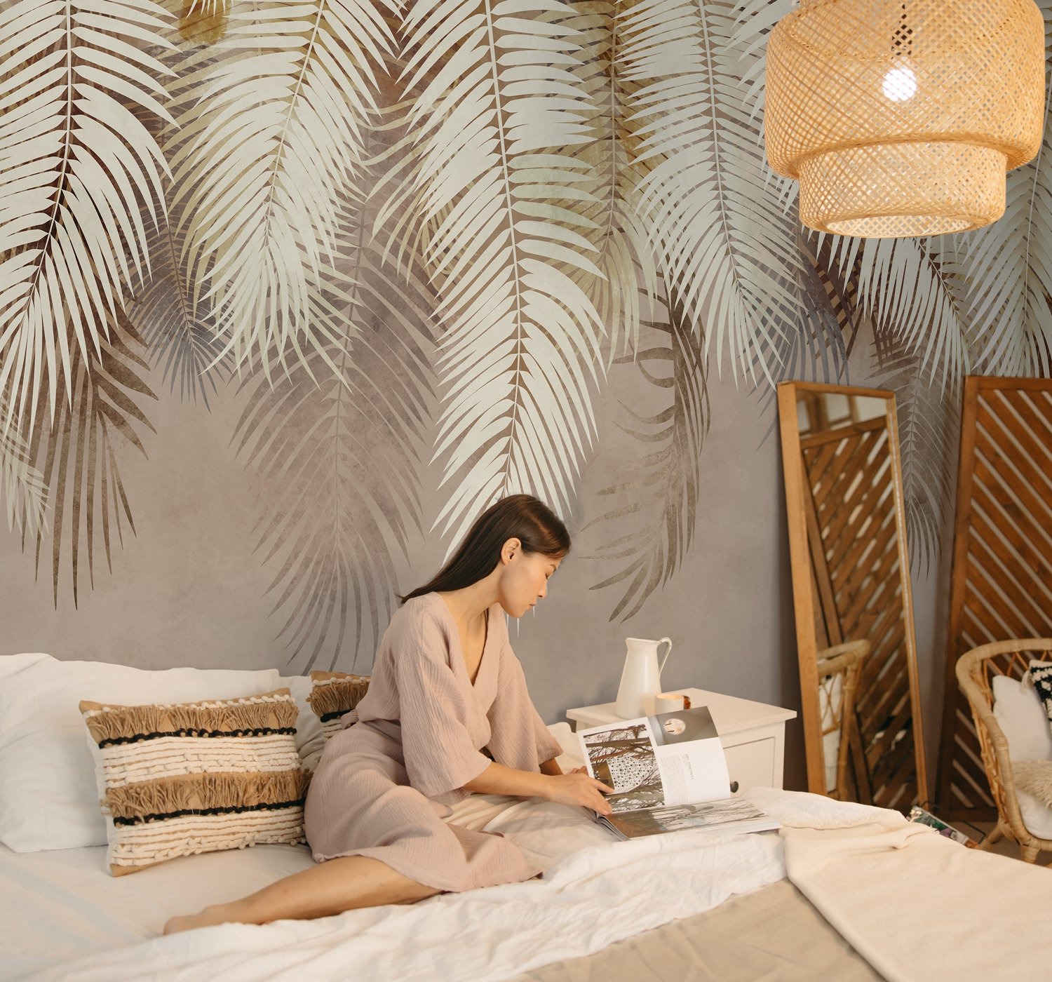 Neutral Tropical Palm Leaf Wallpaper Mural - Peel and Stick