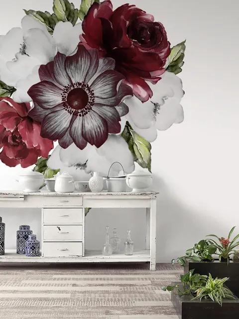 Watercolor Red Rose and Anemone Floral Bouqets Wall Decal Sticker