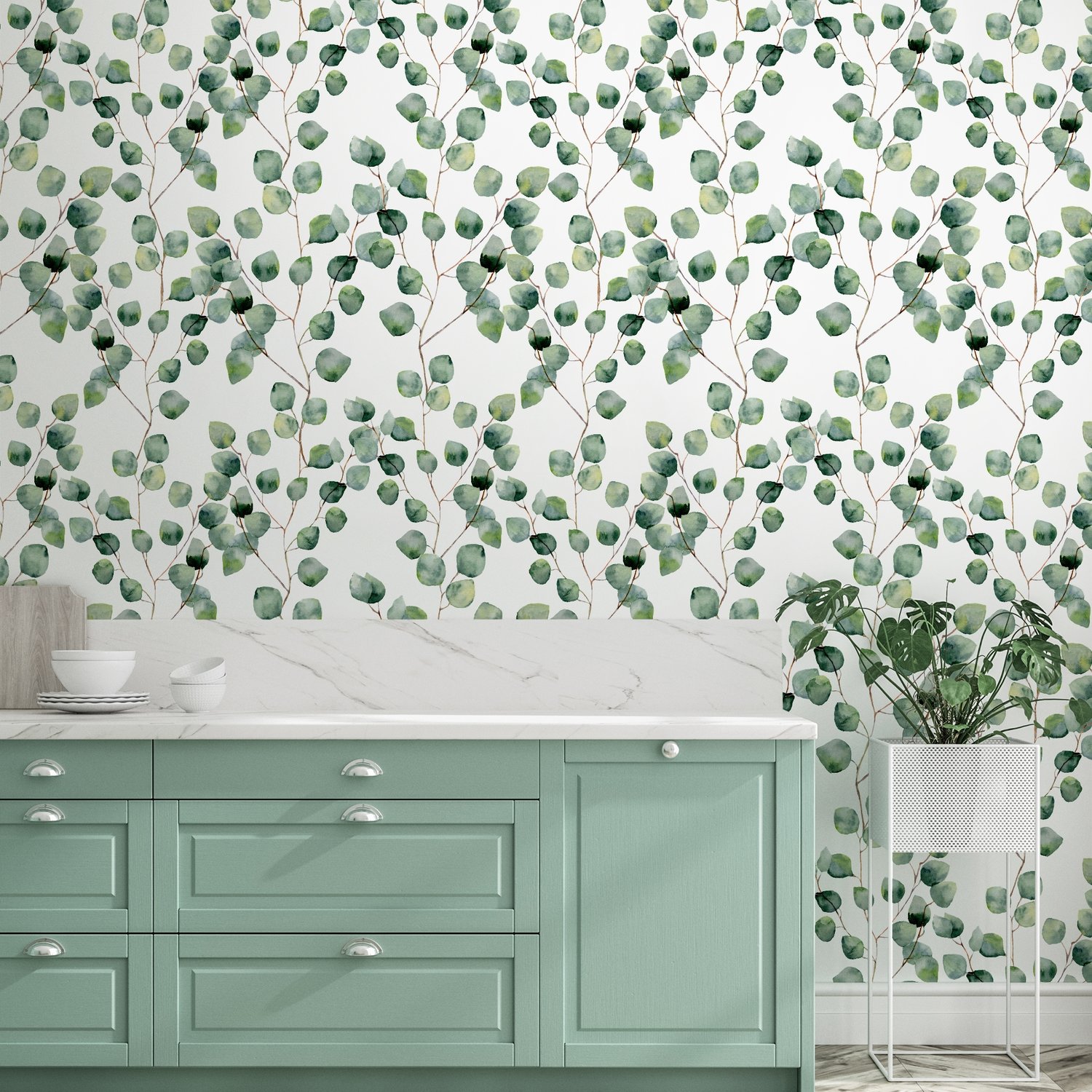 Watercolor Eucalyptus Leaf Pattern Wallpaper Mural - Peel and Stick