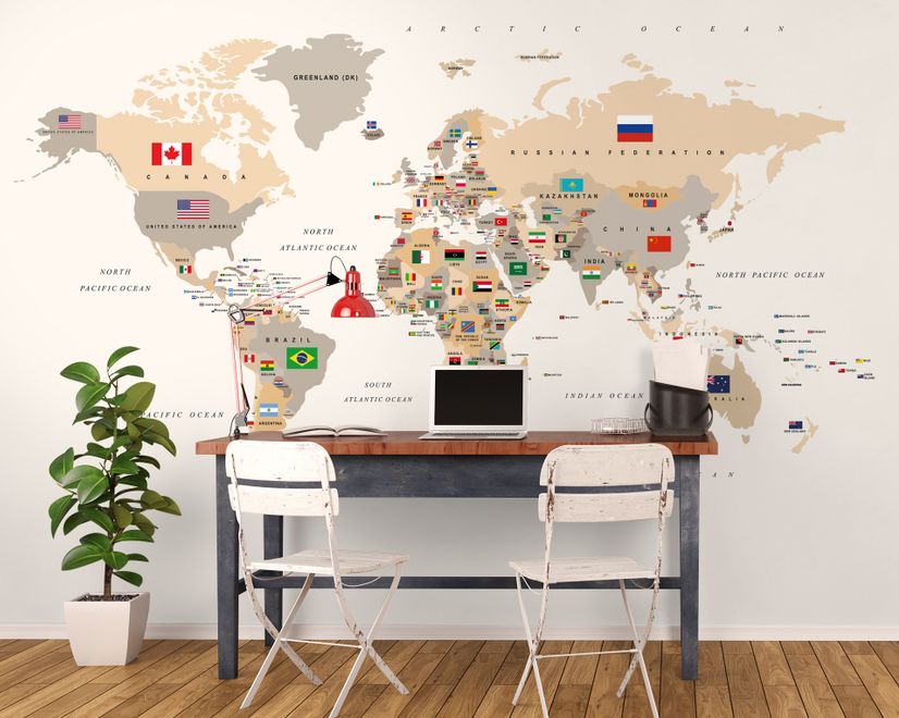 Political World Map with Country Flags Wallpaper Mural