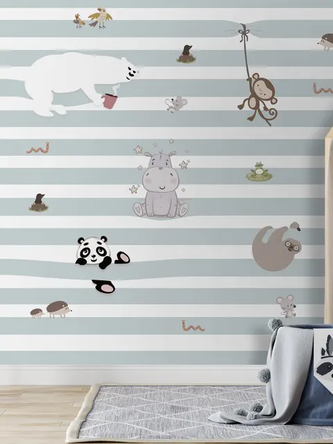 Cute Animals on the Colorful Stripe Wallpaper Mural