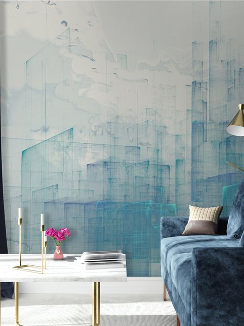 Abstract Blue Monochrome City Landscape Wallpaper Mural