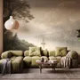 Landscape wallpaper mural with sepia coastal mountains, sailboat, beach figure and foreground tree