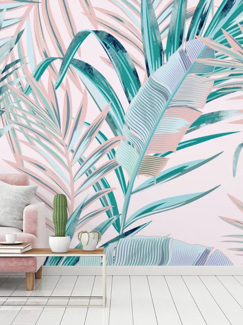 Papier peint panoramique tropical rose exotique à feuilles de palmier colorées