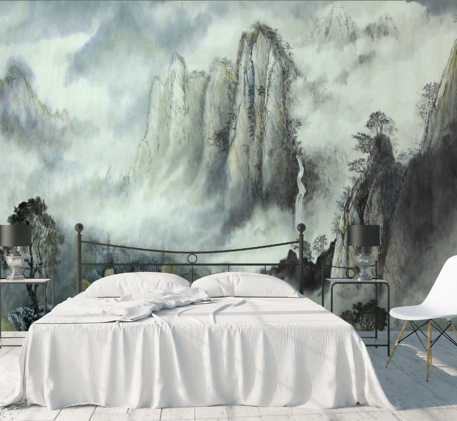 Misty Chinese Mountain Landscape and Waterfalls Wallpaper Mural - Peel and Stick