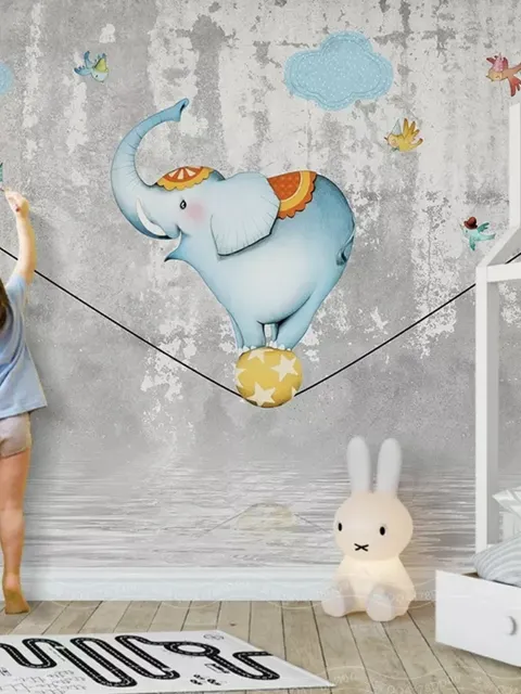 Slackline with Cartoon Elephant on the Ball Wallpaper Mural