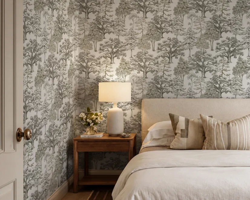 Monochrome wallpaper with grey tree toile on a clean white ground