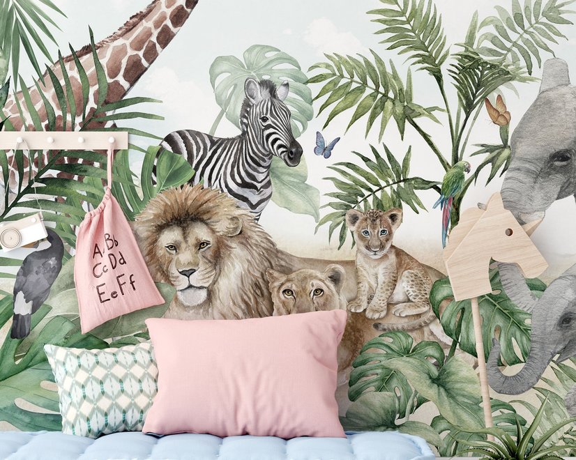 Kids Tropical Animals with Leafs Wallpaper Mural
