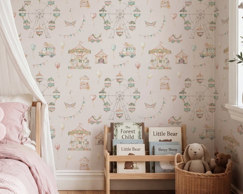Children's playroom wallpaper with pastel Ferris wheel, carousel horses, tents and balloons on blush pink
