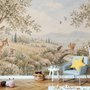 Watercolour woodland wall mural with fawn, rabbits, stone bridge, stream and distant cypress countryside
