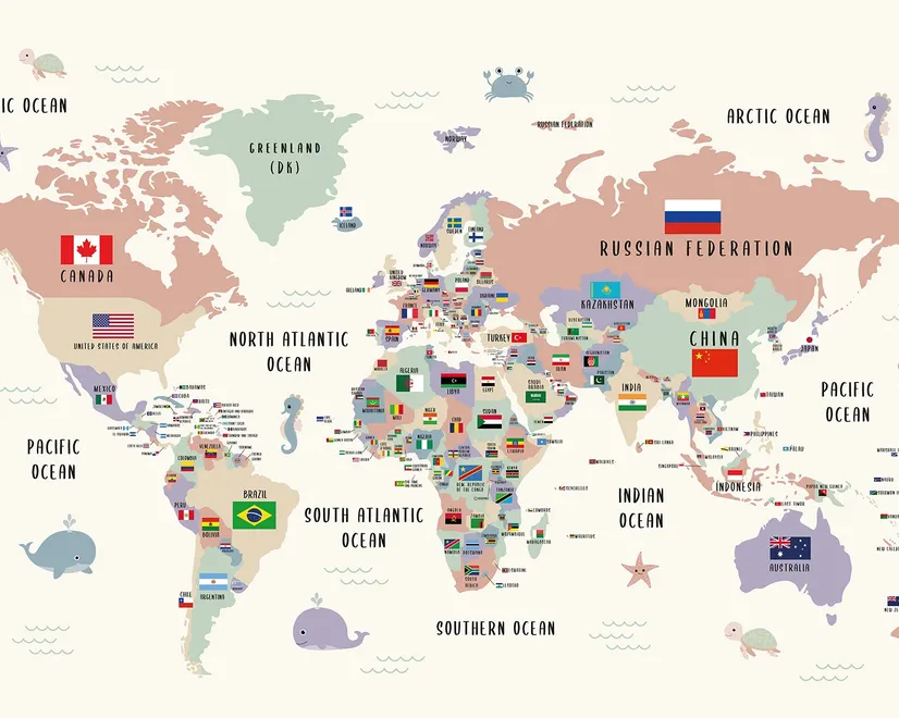 Kids Colorful World Map with Flags Map Wallpaper Mural