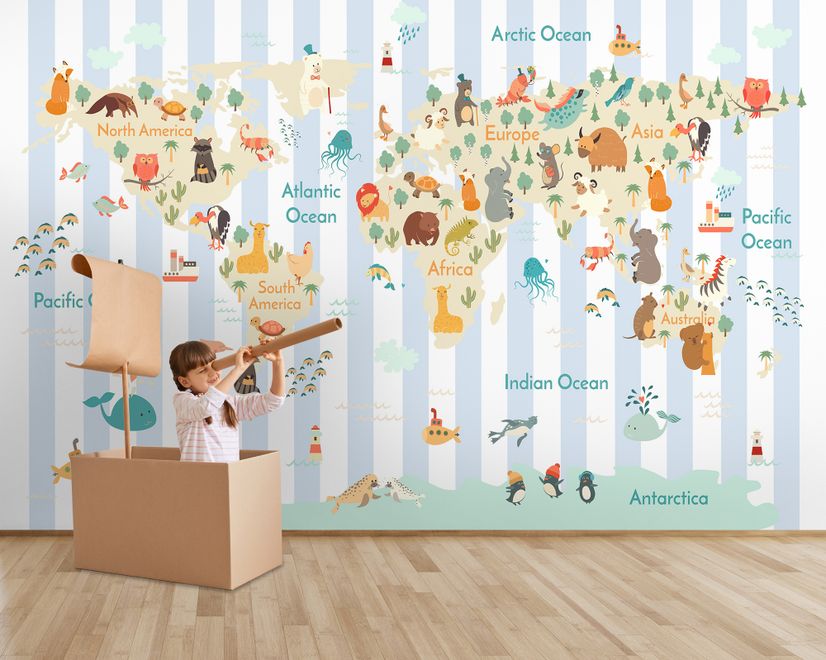 Kids Animals World Map with Stripe Pattern Wallpaper Mural