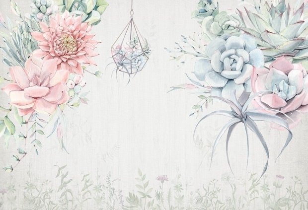 Papier peint panoramique floral rose, bleu et doux